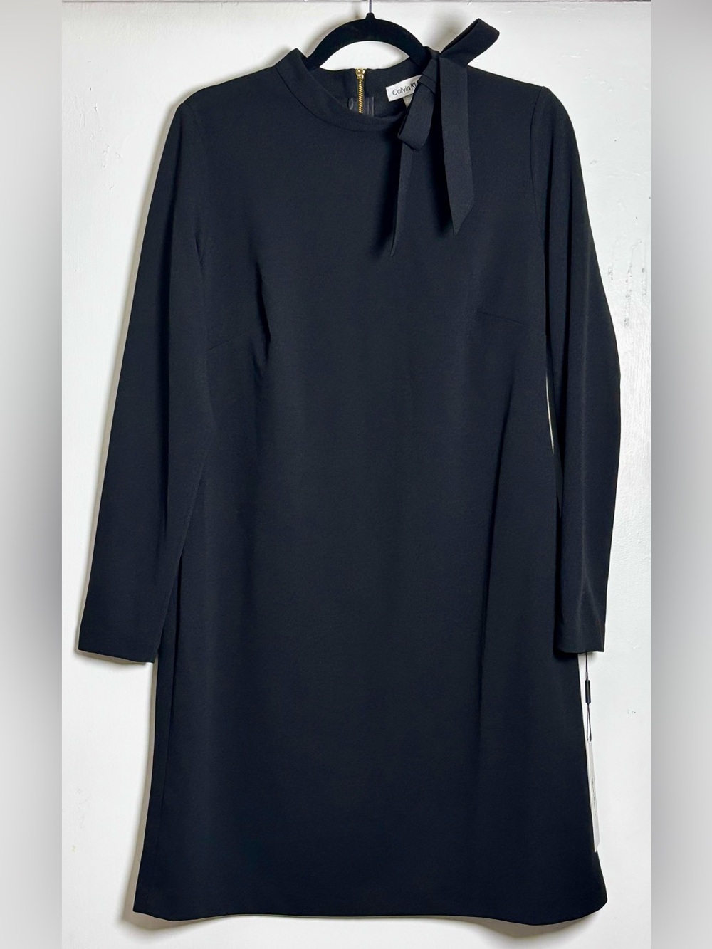 Calvin Klein Tie Neck Long Sleeve Shift Dress Black Size 12 NWT
